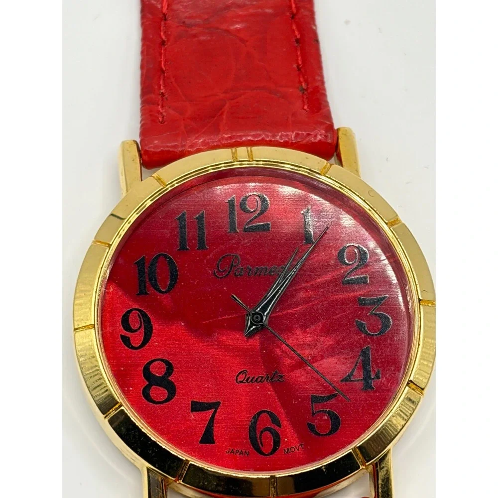 Parmeni Quartz Gold Tone Red Dial Leather Band Women's Watch‎